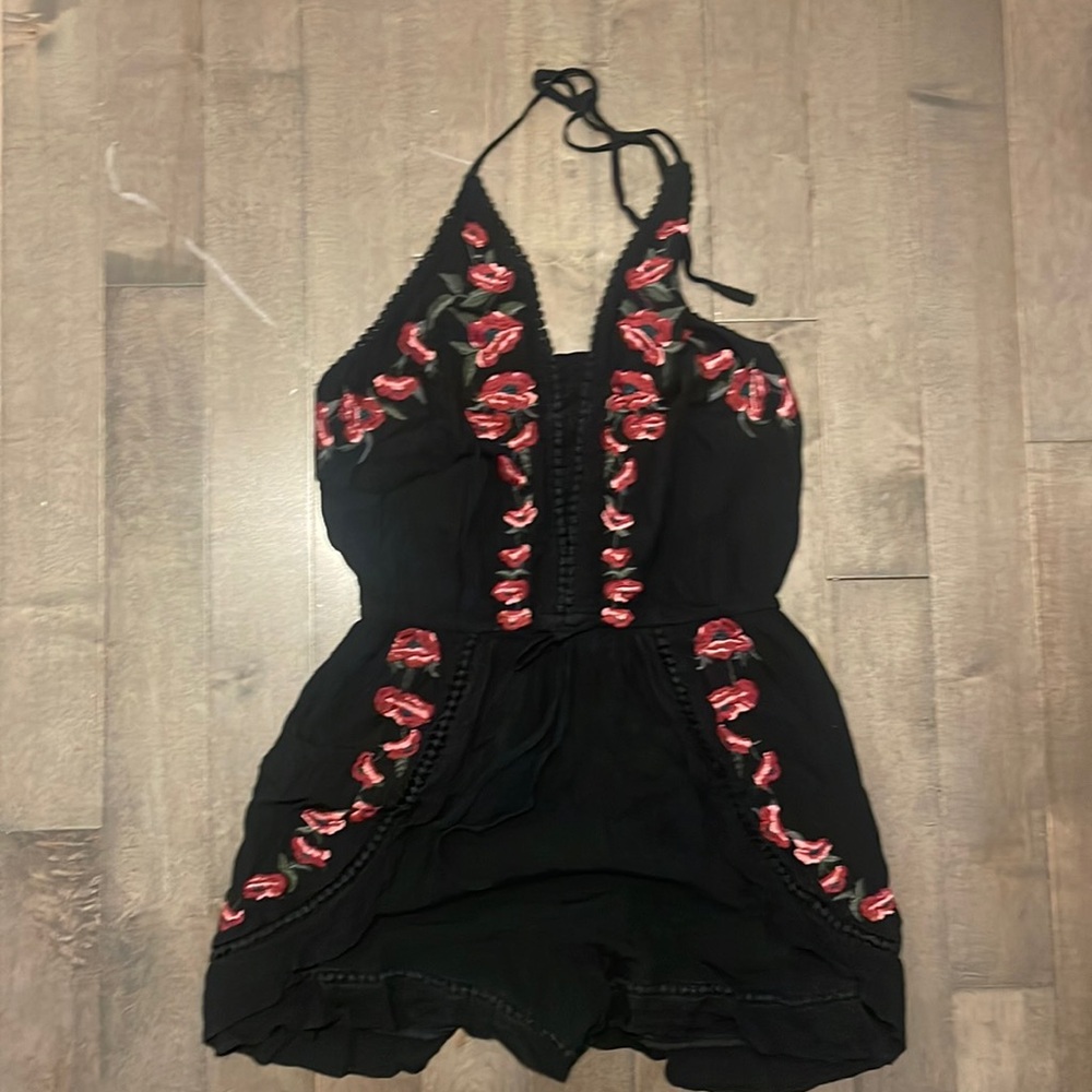 American eagle black embroidered floral halter romper